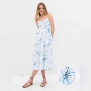 Gap Linen Blend Corset Midi Dress Small Sundress White Blue Floral Smocking Ties